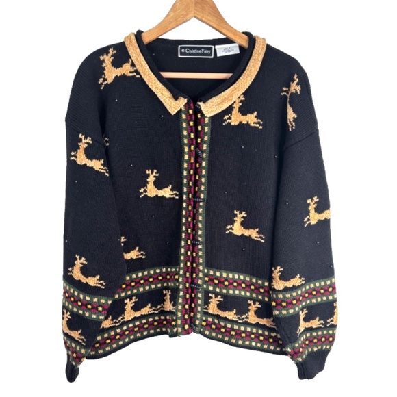 VTG 90s Christine Foley Christmas Cardigan Sweater 2 Black Reindeer Fair Isle - Picture 1 of 11